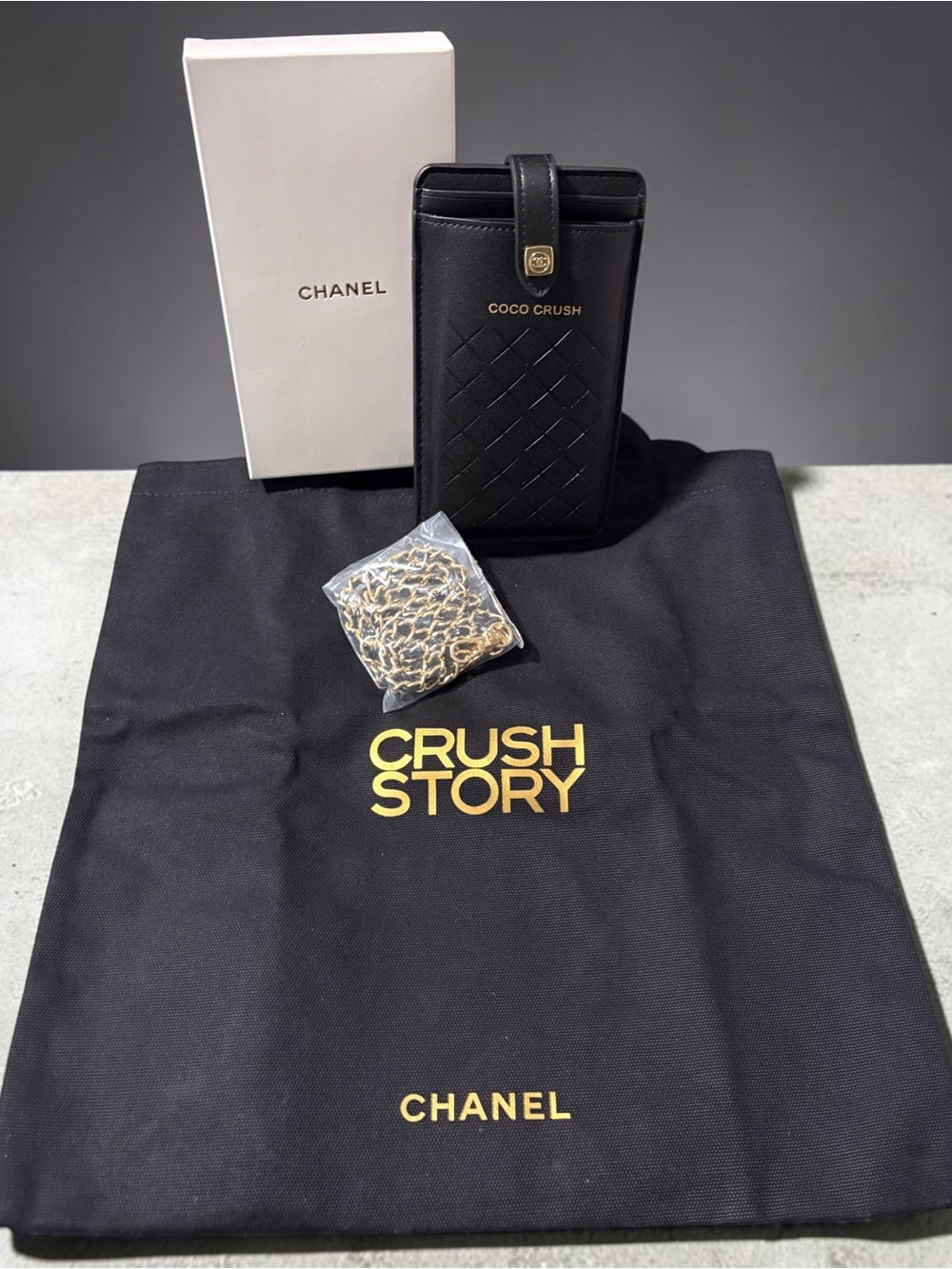 Coco Crush Chanel Perfume Phone Pouch Crossbody & Tote with Gold Accents & Decal